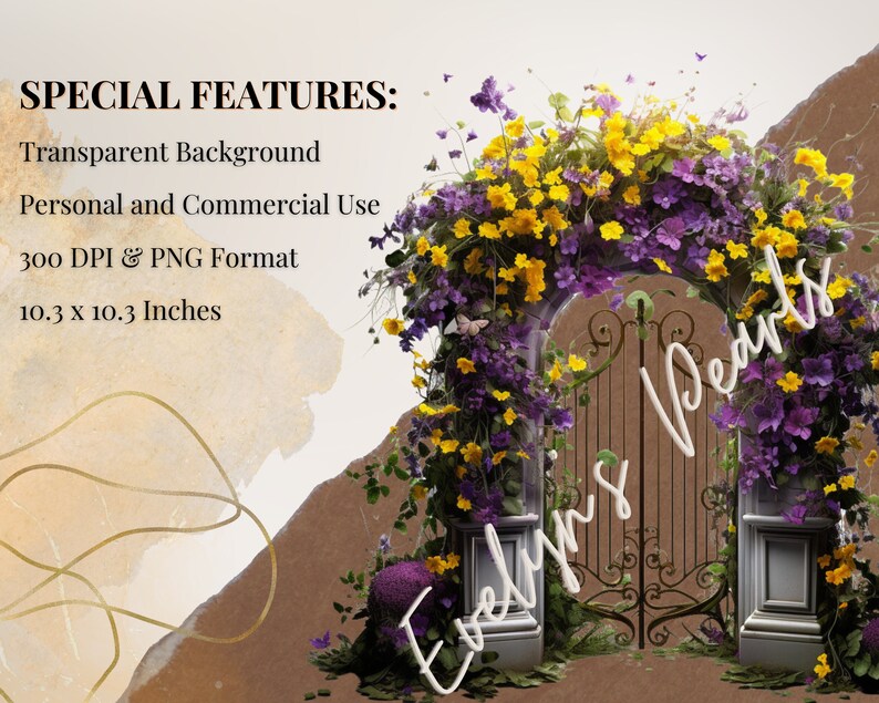 May include: A digital backdrop featuring a floral archway with purple and yellow flowers, a wrought iron gate, and the text "Evelyn's Pearls". The background is a light brown color with a watercolor effect.