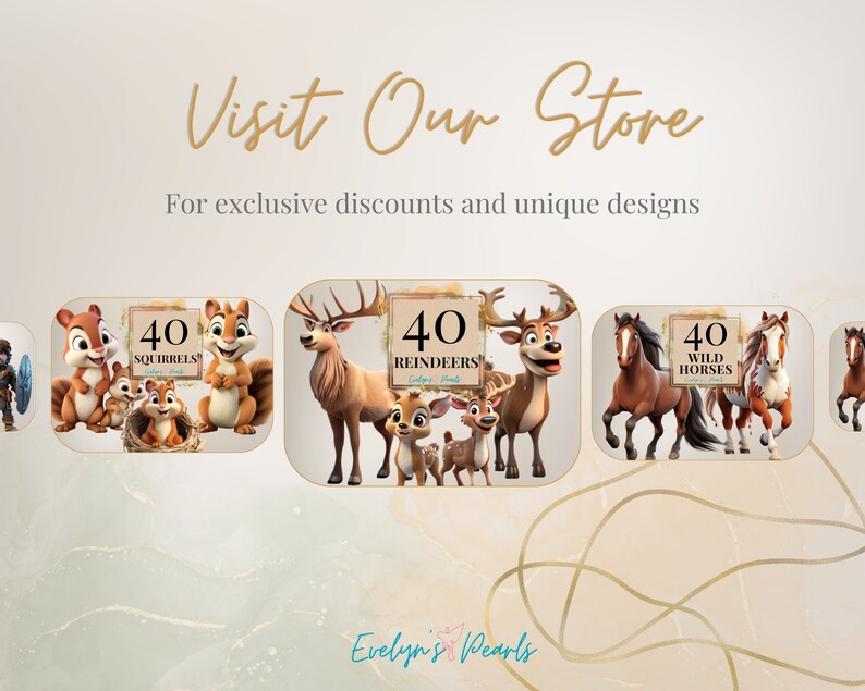 May include: A digital illustration of 40 squirrels, 40 reindeer, and 40 wild horses. The illustrations are in a cartoon style and feature a variety of colors. The text "Evelyn's Pearls" is at the bottom of the image.