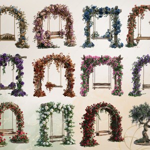 May include: Ten floral arches with swings, each decorated with different colored flowers. The arches are made of wood and have a rustic look. The swings are made of rope and have wooden seats. There is also a bonsai tree with a swing.