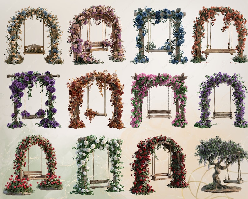 May include: Ten floral arches with swings, each decorated with different colored flowers. The arches are made of wood and have a rustic look. The swings are made of rope and have wooden seats. There is also a bonsai tree with a swing.