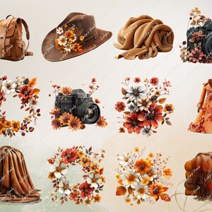 May include: A collection of digital clipart images featuring autumnal themes. The images include a brown leather rucksack, a brown fedora hat with orange and white flowers, a brown scarf, a vintage camera with orange and white flowers, a wreath of orange and white flowers, a brown coat with orange and white flowers, a pile of brown blankets, and a bouquet of orange and white flowers.