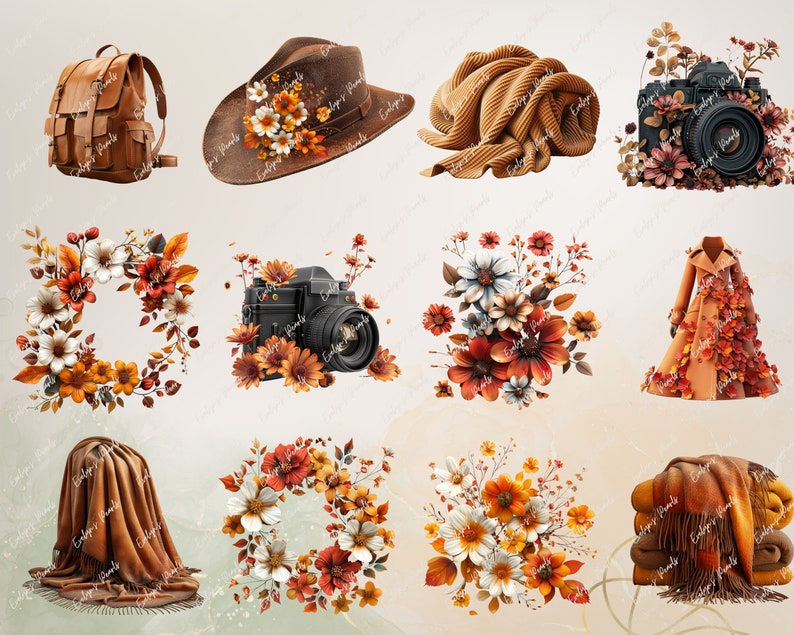 May include: A collection of digital clipart images featuring autumnal themes. The images include a brown leather rucksack, a brown fedora hat with orange and white flowers, a brown scarf, a vintage camera with orange and white flowers, a wreath of orange and white flowers, a brown coat with orange and white flowers, a pile of brown blankets, and a bouquet of orange and white flowers.