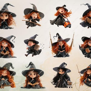 May include: A collection of twelve cartoon witch illustrations. Each witch has red or black hair, a black witch hat, and a black dress or cloak. Some witches are holding books, brooms, or shopping carts, while others are swinging or sitting.