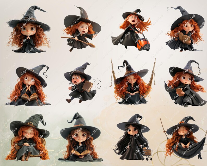 May include: A collection of twelve cartoon witch illustrations. Each witch has red or black hair, a black witch hat, and a black dress or cloak. Some witches are holding books, brooms, or shopping carts, while others are swinging or sitting.