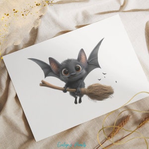 May include: A cute cartoon bat with big eyes and a toothy grin flies on a brown broomstick. The bat is gray and has large, black wings. There are small black bats flying in the background.