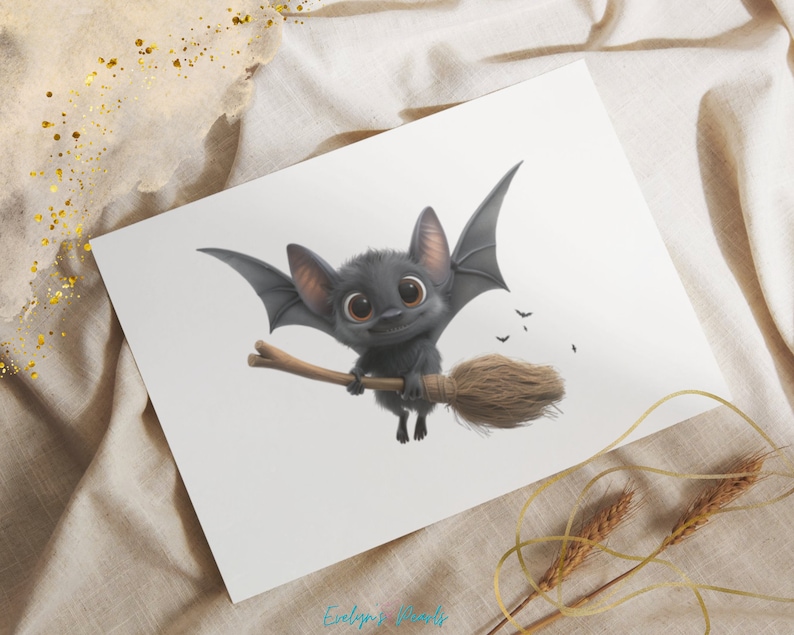 May include: A cute cartoon bat with big eyes and a toothy grin flies on a brown broomstick. The bat is gray and has large, black wings. There are small black bats flying in the background.