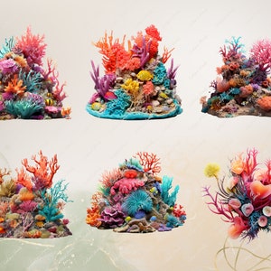 May include: A collection of six colorful coral reef displays featuring various coral shapes, textures, and colors. The reefs are adorned with small, colorful fish and other marine life.