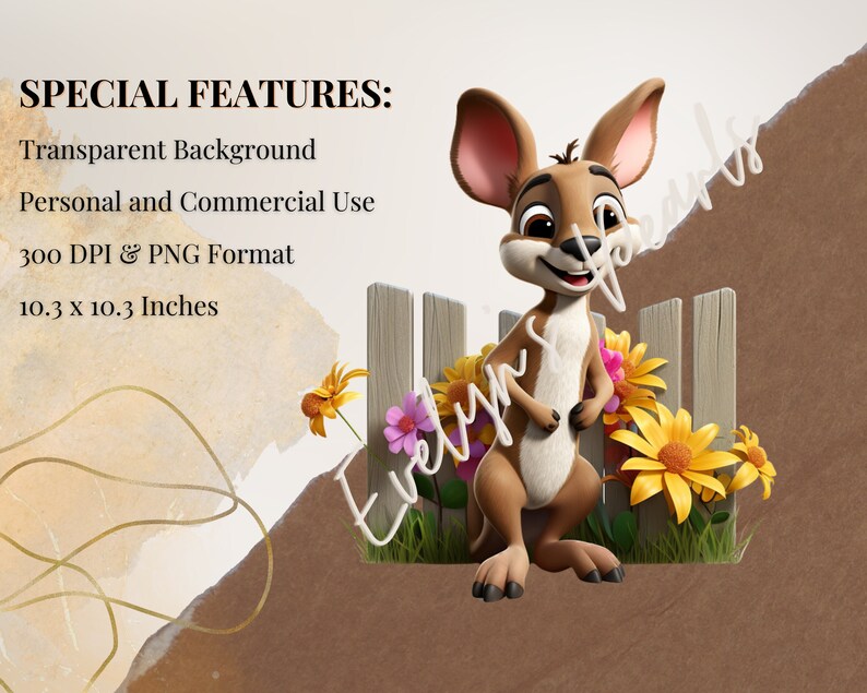Pode incluir: Um canguru de desenho animado com pelo marrom e orelhas grandes est&aacute; em frente a uma cerca de madeira com flores. O fundo &eacute; um fundo branco transparente. A imagem mede 10,3 polegadas por 10,3 polegadas e 300 DPI.