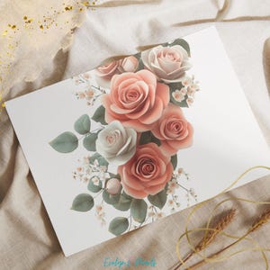 K&ouml;nnte beinhalten: Ein wei&szlig;er Hintergrund mit einem Strau&szlig; aus rosafarbenen und wei&szlig;en Rosen mit gr&uuml;nen Bl&auml;ttern und kleinen wei&szlig;en Bl&uuml;ten. Die Rosen sind in einer kaskadierenden Anordnung angeordnet.