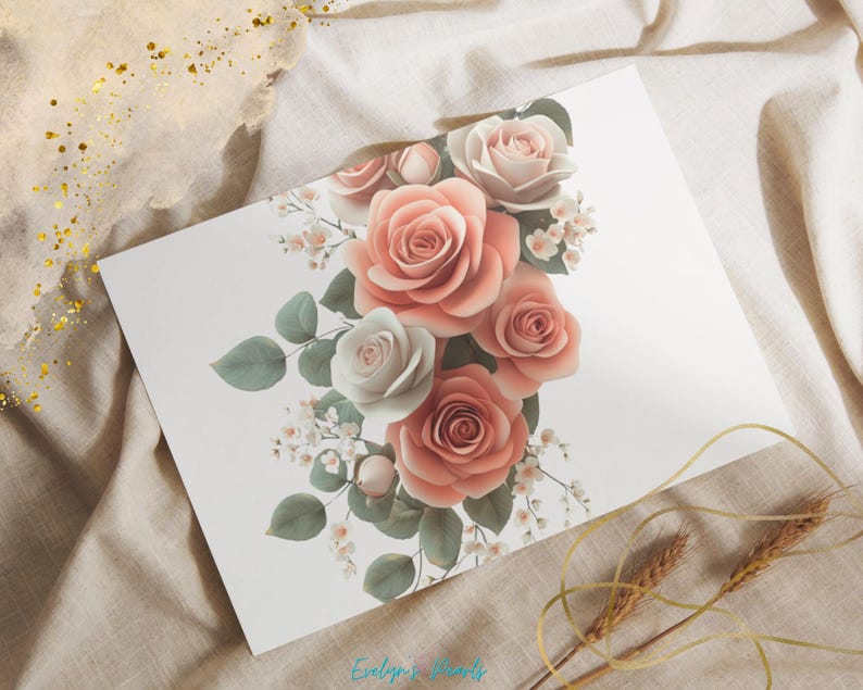 K&ouml;nnte beinhalten: Ein wei&szlig;er Hintergrund mit einem Strau&szlig; aus rosafarbenen und wei&szlig;en Rosen mit gr&uuml;nen Bl&auml;ttern und kleinen wei&szlig;en Bl&uuml;ten. Die Rosen sind in einer kaskadierenden Anordnung angeordnet.