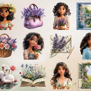 A collection of whimsical characters and items like a lavender-filled bag, floral envelopes, a garden path surrounded by flowers, and swans swimming in a serene pond.