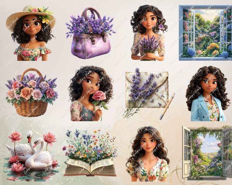 A collection of whimsical characters and items like a lavender-filled bag, floral envelopes, a garden path surrounded by flowers, and swans swimming in a serene pond.