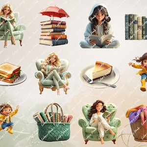 Girls reading and relaxing in pastel green loungewear, books and umbrellas, children in rain jackets, sandwiches, cheesecake, a book basket, and a stack of vintage books.
