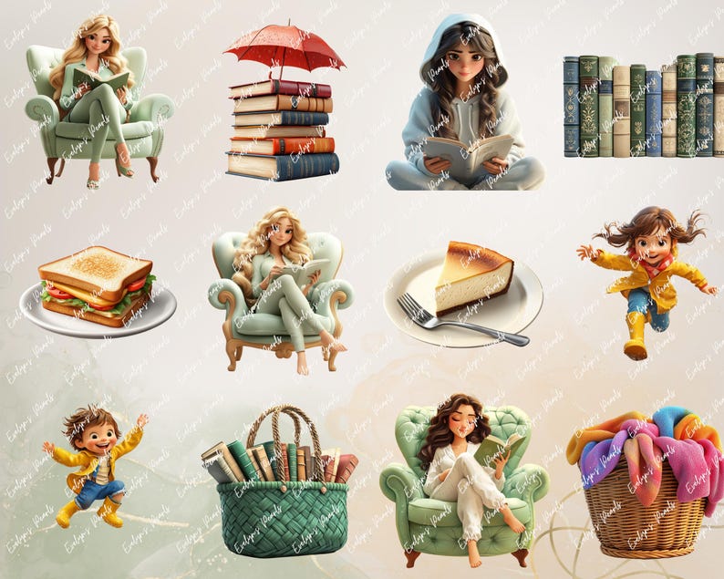Girls reading and relaxing in pastel green loungewear, books and umbrellas, children in rain jackets, sandwiches, cheesecake, a book basket, and a stack of vintage books.