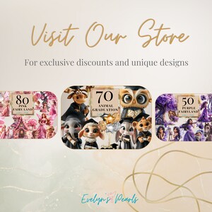 May include: A collage of three images showcasing different themes for fairyland themed party decorations. The first image features a pink fairyland theme with a pink castle, fairies, and flowers. The second image features an animal graduation theme with a graduation cap, a moose, an owl, and a lamb. The third image features a purple fairyland theme with a purple castle, fairies, and flowers. The text "Evelyn's Pearls" is at the bottom of the image.