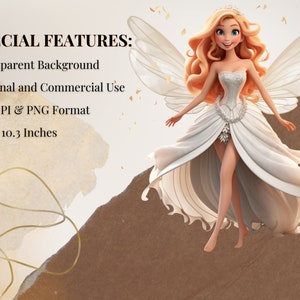May include: A digital illustration of a fairy with blonde hair and blue eyes wearing a white dress with a beaded bodice and wings. The background is a light brown and beige watercolor wash with gold accents.