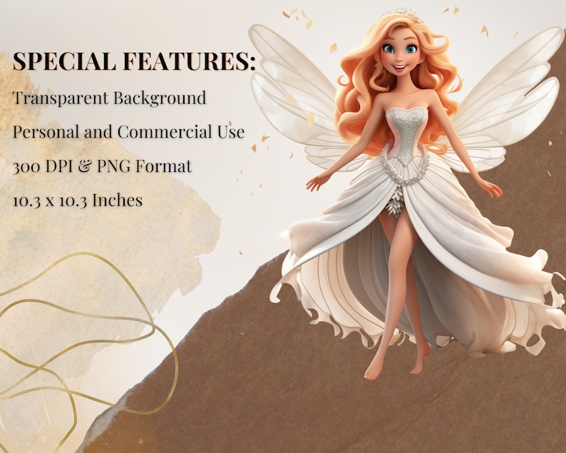 May include: A digital illustration of a fairy with blonde hair and blue eyes wearing a white dress with a beaded bodice and wings. The background is a light brown and beige watercolor wash with gold accents.