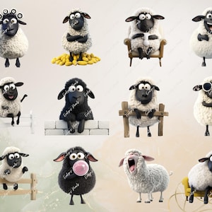 May include: A collection of ten cartoon sheep with different expressions and poses. Some sheep are wearing sunglasses, while others are sitting in chairs or holding objects. The sheep are all white with black faces and hooves.