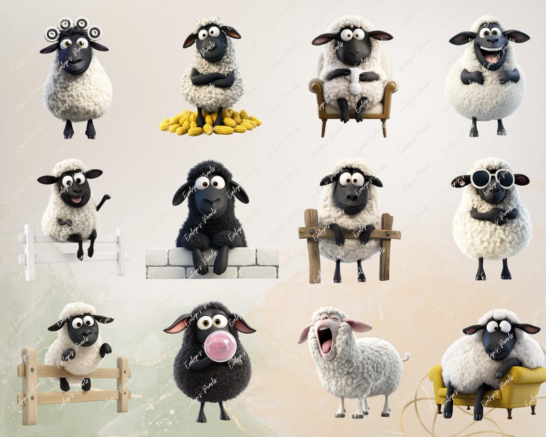 May include: A collection of ten cartoon sheep with different expressions and poses. Some sheep are wearing sunglasses, while others are sitting in chairs or holding objects. The sheep are all white with black faces and hooves.