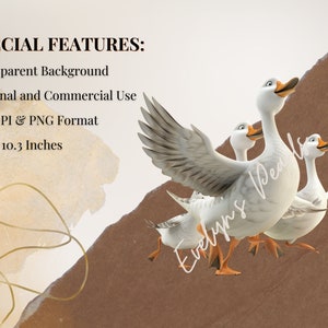 May include: Four white geese with orange beaks and feet are walking in a line. The goose at the front has its wings spread out. The background is a brown and beige watercolour wash.