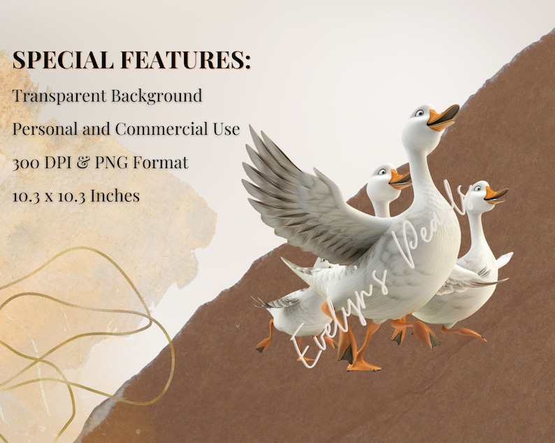 May include: Four white geese with orange beaks and feet are walking in a line. The goose at the front has its wings spread out. The background is a brown and beige watercolour wash.