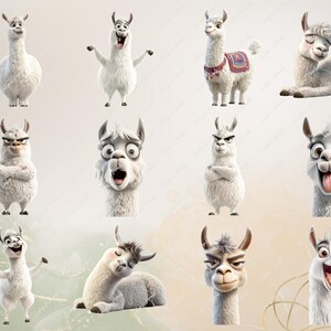 May include: A collection of 10 digital illustrations featuring a white llama with different facial expressions. The llama is depicted in various poses, including standing, sitting, and lying down. The illustrations are in a cartoon style and have a whimsical feel.