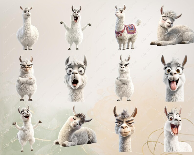 May include: A collection of 10 digital illustrations featuring a white llama with different facial expressions. The llama is depicted in various poses, including standing, sitting, and lying down. The illustrations are in a cartoon style and have a whimsical feel.