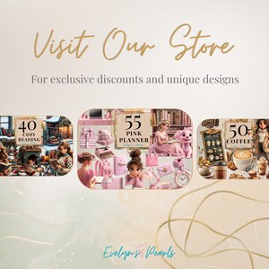 May include: Three digital planner covers with illustrations. The first cover features a cozy reading scene with a fireplace and books. The second cover features a pink planner with a floral design. The third cover features a coffee shop scene with coffee cups and pastries.