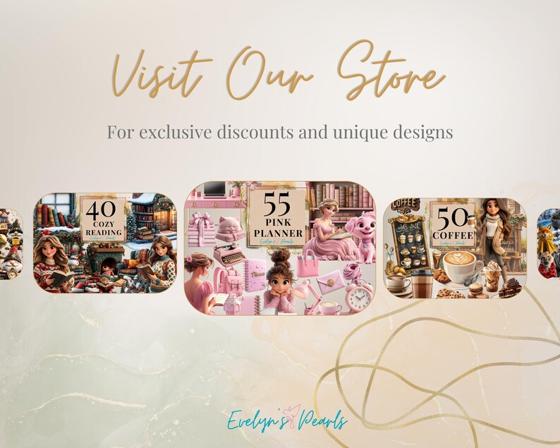 May include: Three digital planner covers with illustrations. The first cover features a cozy reading scene with a fireplace and books. The second cover features a pink planner with a floral design. The third cover features a coffee shop scene with coffee cups and pastries.