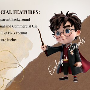 May include: A cartoon illustration of a young boy wearing a black robe with a red lining and round glasses. He is holding a brown wand in his right hand and has a serious expression on his face. The background is a light brown color with a gold swirl design.