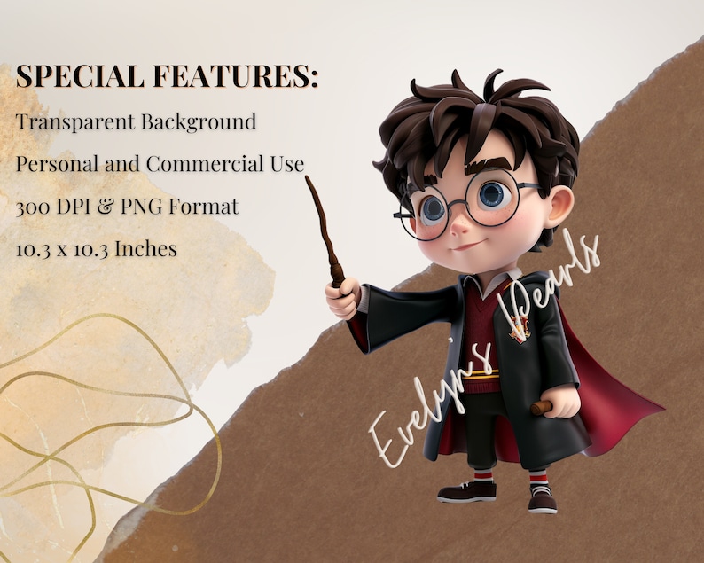 May include: A cartoon illustration of a young boy wearing a black robe with a red lining and round glasses. He is holding a brown wand in his right hand and has a serious expression on his face. The background is a light brown color with a gold swirl design.