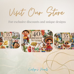 May include: A collage of four images featuring scenes from popular animated movies. Each image includes a number, a country name, and a cartoon character. The images are set against a background of swirling lines and the text "Visit Our Store" and "For exclusive discounts and unique designs".