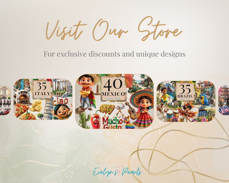 May include: A collage of four images featuring scenes from popular animated movies. Each image includes a number, a country name, and a cartoon character. The images are set against a background of swirling lines and the text "Visit Our Store" and "For exclusive discounts and unique designs".