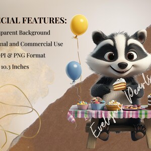 Image 2: "A cheerful raccoon at a birthday party, sitting at a decorated table with cakes, cupcakes, and balloons in the background. Special features text is displayed."