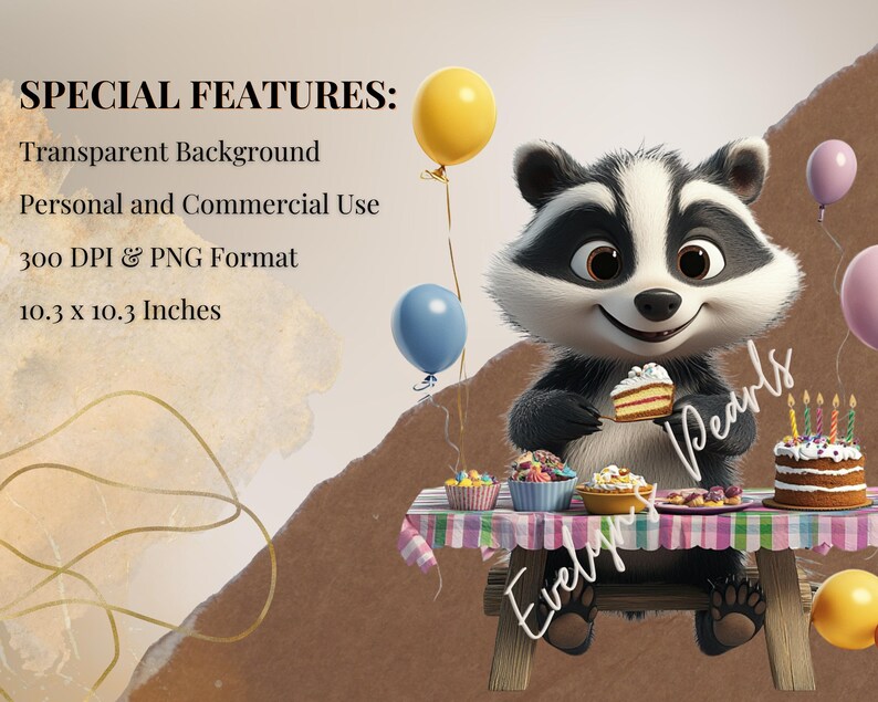 Image 2: "A cheerful raccoon at a birthday party, sitting at a decorated table with cakes, cupcakes, and balloons in the background. Special features text is displayed."