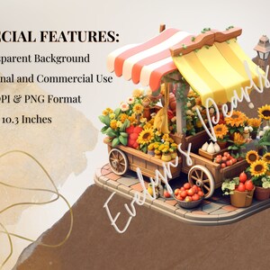 Pu&ograve; includere: Un chiosco di fiori in legno in miniatura con un baldacchino a strisce gialle e rosse. Il chiosco &egrave; pieno di fiori colorati, tra cui girasoli, e ha una variet&agrave; di frutta e verdura in mostra. Il chiosco si trova su un sentiero di mattoni grigi.