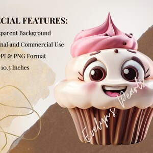 May include: A cartoon cupcake with pink frosting and chocolate sprinkles. The cupcake has a happy face with brown eyes and a wide smile. The cupcake is 10.3 inches by 10.3 inches.