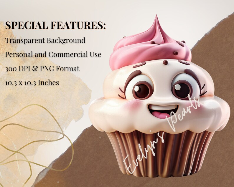 May include: A cartoon cupcake with pink frosting and chocolate sprinkles. The cupcake has a happy face with brown eyes and a wide smile. The cupcake is 10.3 inches by 10.3 inches.
