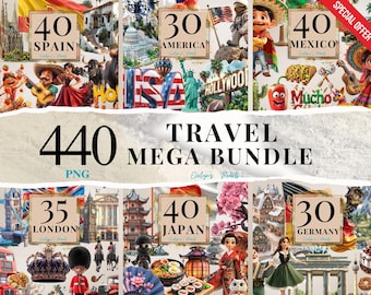 Travel Clipart Spain, USA, Italy, Mexico, Brazil, London, Germany, Australia, France, Japan Holiday PNG Adventure | Commercial Use Clipart