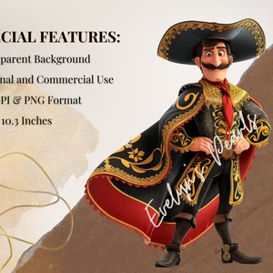 May include: A cartoon illustration of a man wearing a black and gold embroidered costume with a red cape and a large black sombrero. He is standing with his hands on his hips and has a mustache and a goatee.