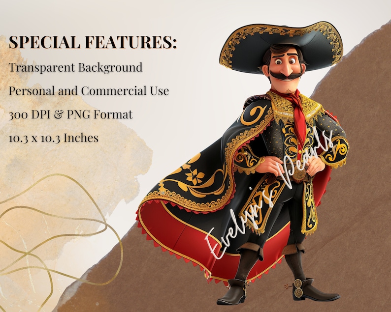 May include: A cartoon illustration of a man wearing a black and gold embroidered costume with a red cape and a large black sombrero. He is standing with his hands on his hips and has a mustache and a goatee.