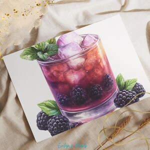 May include: A watercolor illustration of a purple cocktail with ice cubes and blackberries in a glass. The drink is garnished with a sprig of mint.