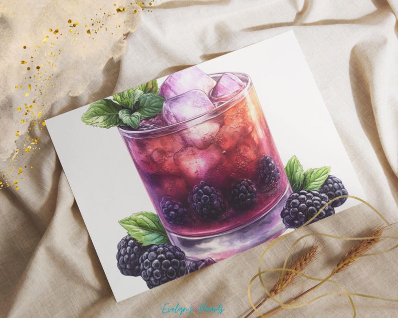 May include: A watercolor illustration of a purple cocktail with ice cubes and blackberries in a glass. The drink is garnished with a sprig of mint.