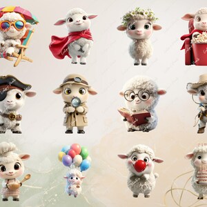 May include: A collection of ten adorable cartoon sheep illustrations. The sheep are depicted in various poses and wearing different outfits, including a pirate hat, a detective coat, a flower crown, and a chef's hat. Some sheep are holding objects like a magnifying glass, a book, and a bowl of food. The illustrations are perfect for use in children's books, greeting cards, or other creative projects.