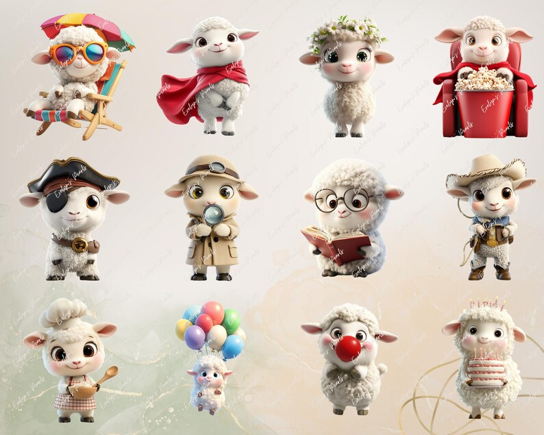 May include: A collection of ten adorable cartoon sheep illustrations. The sheep are depicted in various poses and wearing different outfits, including a pirate hat, a detective coat, a flower crown, and a chef's hat. Some sheep are holding objects like a magnifying glass, a book, and a bowl of food. The illustrations are perfect for use in children's books, greeting cards, or other creative projects.