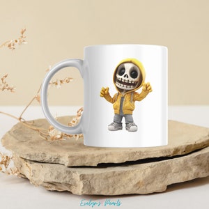 This page shows an example of the real life usage of the product. A white mug with the clipart printed on it can be seen placed on a flat beige rock.
