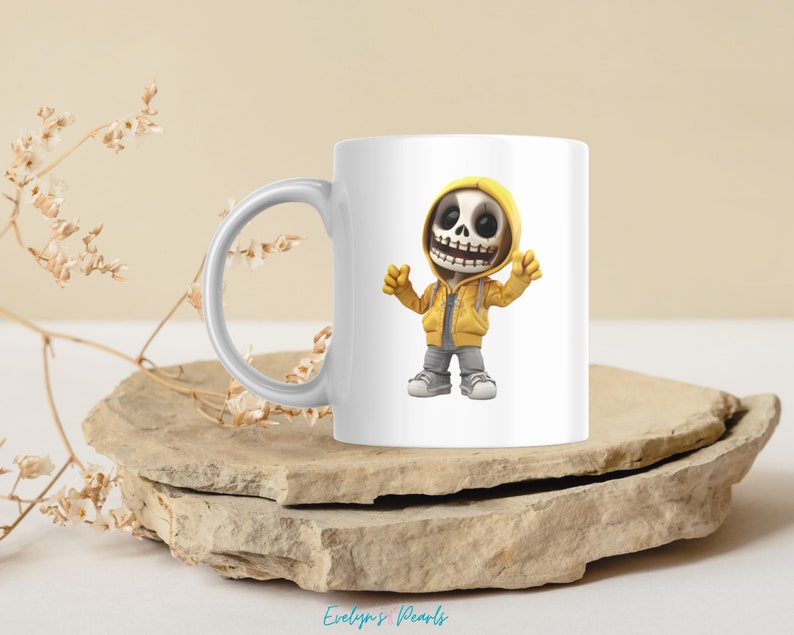 This page shows an example of the real life usage of the product. A white mug with the clipart printed on it can be seen placed on a flat beige rock.