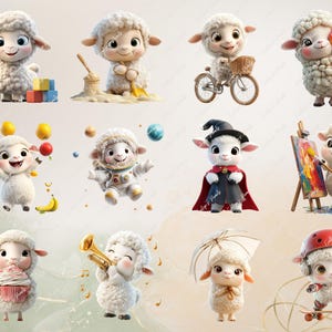 May include: Ten adorable cartoon sheep illustrations with different activities, including playing with toys, riding a bike, juggling, painting, playing music, skateboarding, and wearing a witch hat.