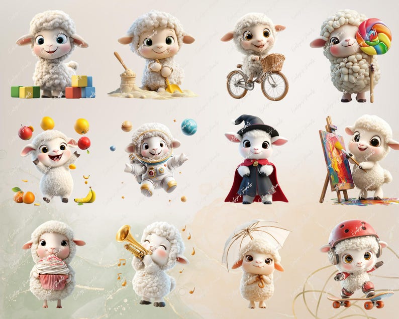 May include: Ten adorable cartoon sheep illustrations with different activities, including playing with toys, riding a bike, juggling, painting, playing music, skateboarding, and wearing a witch hat.