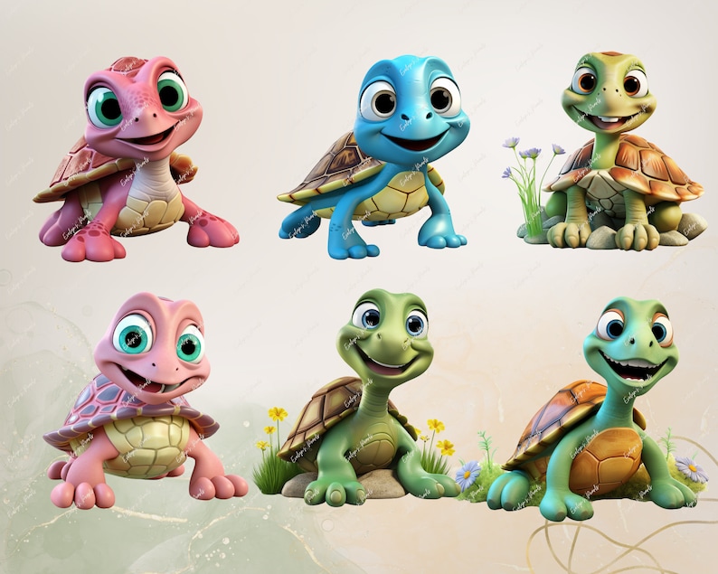 Op de afbeelding: Zes cartoon schildpadden in verschillende poses. De schildpadden zijn groen, blauw en roze met bruine schilden. Ze hebben grote ogen en glimlachen.